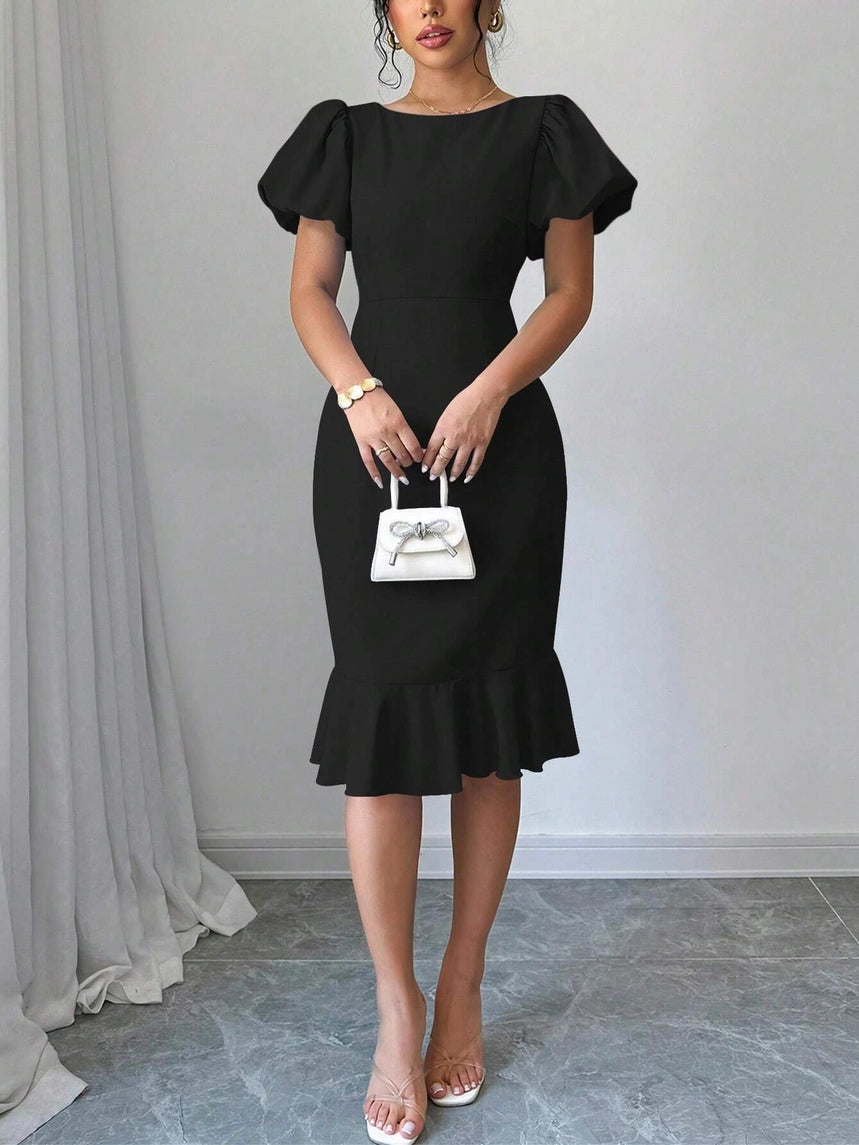 Lantern Sleeves and Ruffles Fishtail Dress
