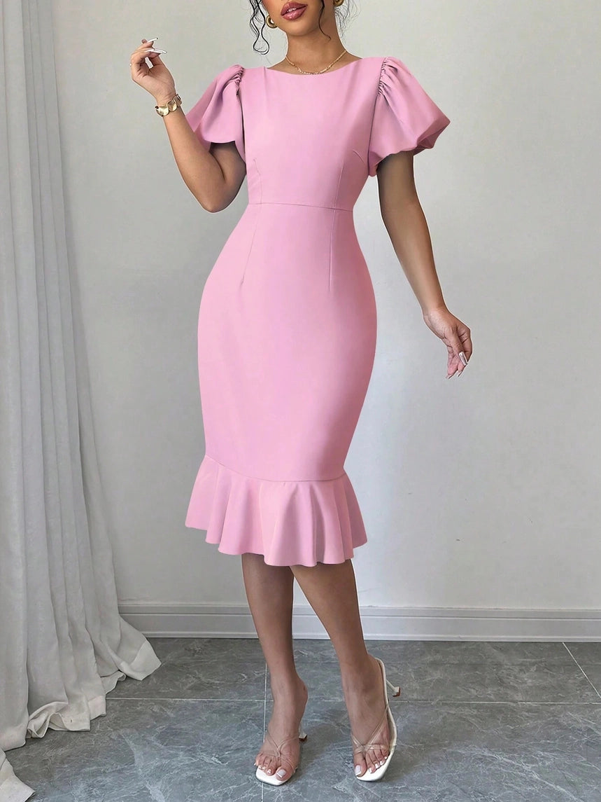 Lantern Sleeves and Ruffles Fishtail Dress