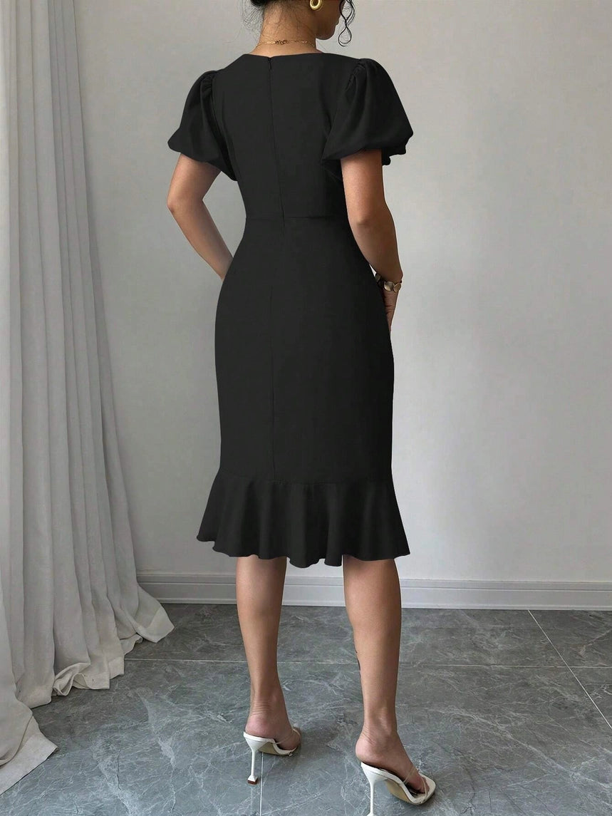 Lantern Sleeves and Ruffles Fishtail Dress